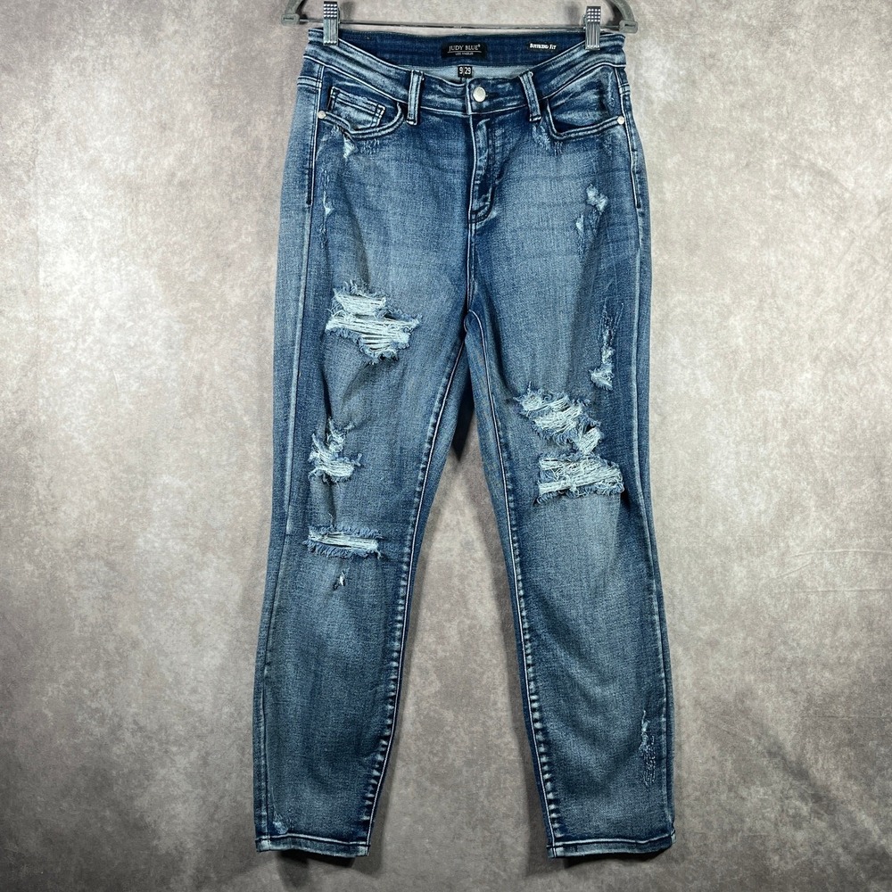 Judy Blue Jeans Women 9/29 Blue Denim Boyfriend Fit Distressed High Rise Stretch